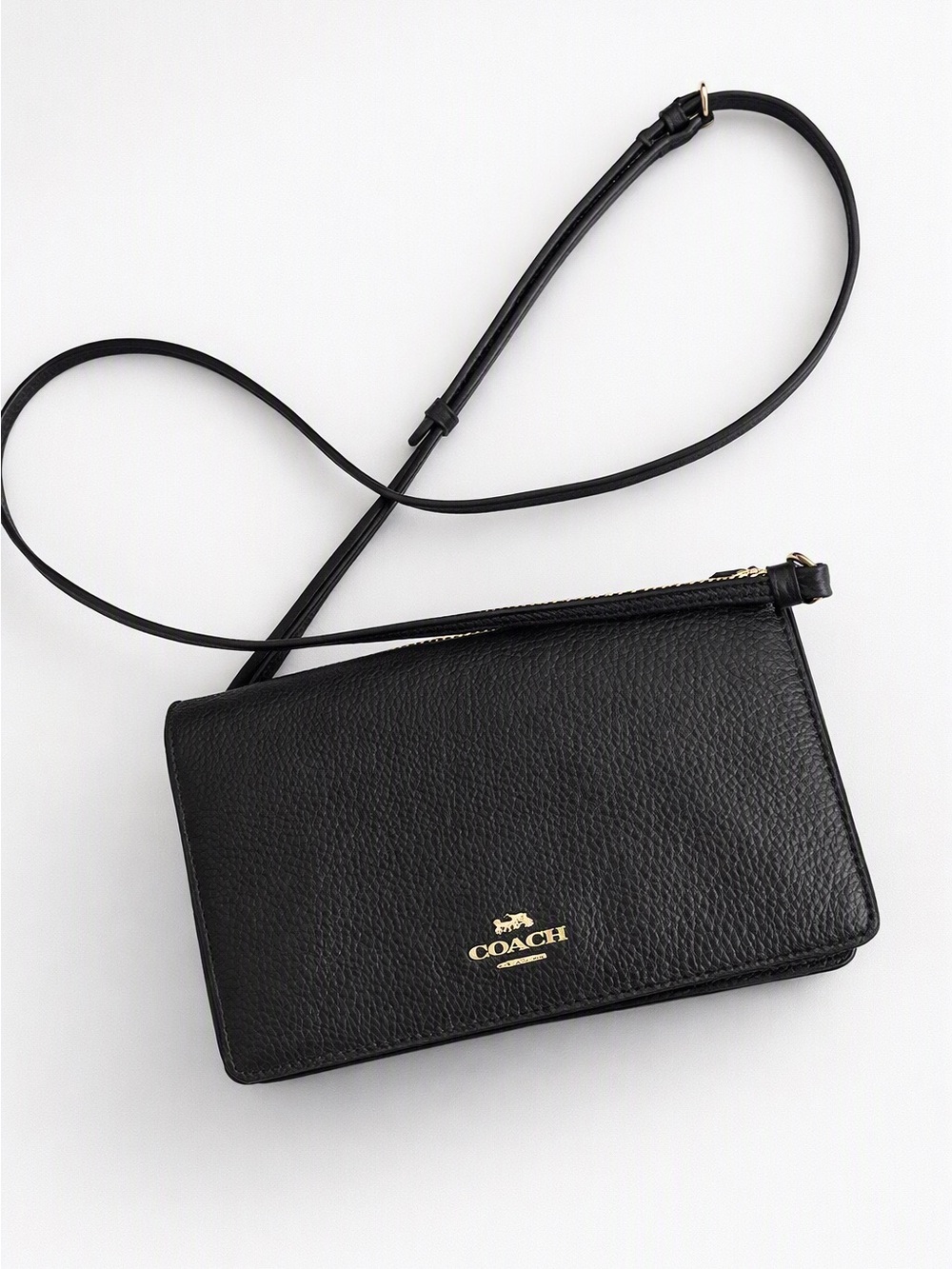 Coach Black Pebbled Leather Crossbody Wallet with Gold Hardware